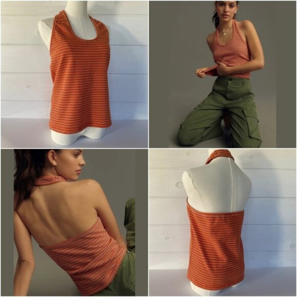 Fall Layering Anthropologie Y2K Halter Top Tank XL Orange Stripe Boho Retro 70s‎
